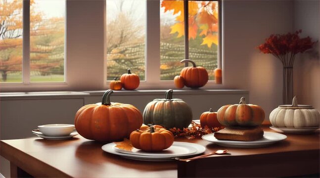 A welcoming autumn dinner table, set simply in a warm minimalist kitchen with copper accents, a pot of simmering soup, and colorful gourds on the table, with leaves falling outside the window.