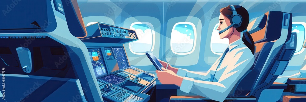 Poster a flight attendant engages with passengers while providing services in a well-organized cabin during