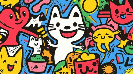 Cute Cartoon Cat Doodle Illustration with Abstract Shapes and Patterns
