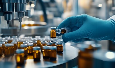 Pharmacist scientist with sanitary gloves examining medical vials on a production line conveyor belt in a pharmaceutical factory