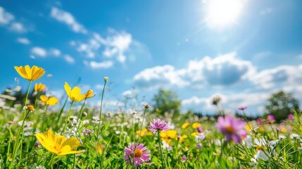 Sunny Meadow with Yellow and Purple Wildflowers