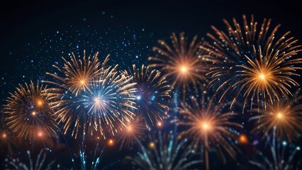 Naklejka premium Big fireworks on a dark blue night background from the starry sky on New Year's Eve