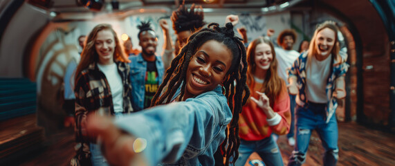 Obraz premium Group of friends dancing joyfully in a vibrant urban venue during a lively evening gathering