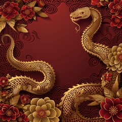 Fototapeta premium Chinese new year still life of snake celebration. Chinese new year background 3d illustration. Chinese characters on the object means to fortune, good luck, wealth, and money flow.