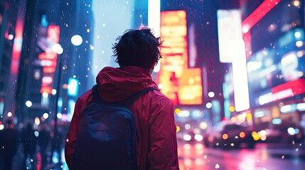 Obraz premium Man walking in rainy city at night. This image can be used to represent loneliness, city life, or a contemplative mood.