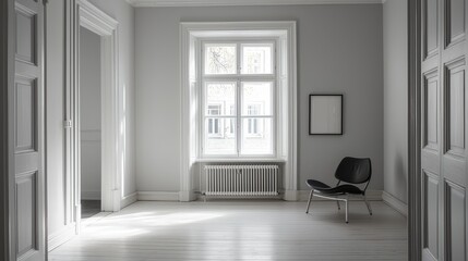 Minimalist White Room with Black Chair and Window View