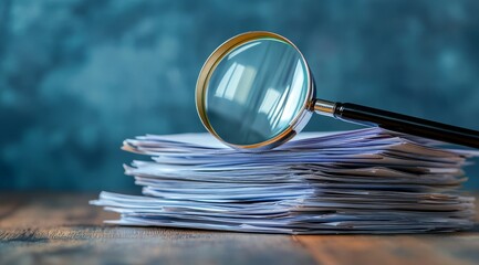 A closeup view of important documents under a magnifying glass, symbolizing careful analysis and thorough examination of vital information in a professional workspace for informed decisionmaking