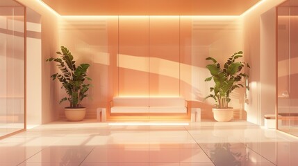 Elegant modern office lobby with warm lighting minimalist decor and natural elements creating a welcoming and professional atmosphere