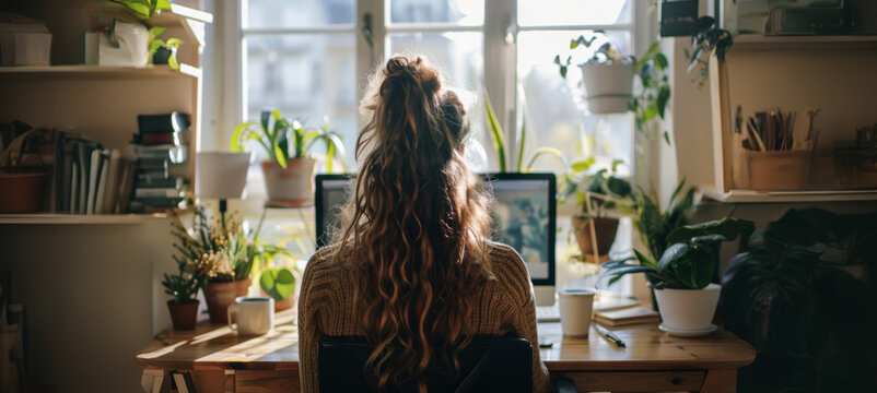 A person with curly hair works at a desk surrounded by plants in a sunlit room during the day