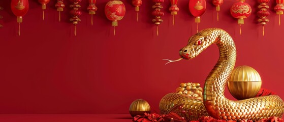 Happy chinese new year, year of the snake zodiac sign hanging beautiful lantern and flowers on red background. Copy space