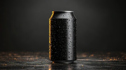 Black Aluminum Can With Water Droplets On Dark Background