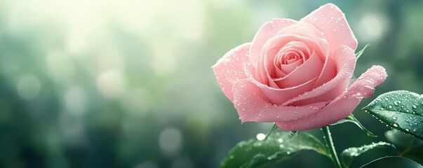 Delicate pink rose adorned with droplets, symbolizing beauty and love, set against a soft, serene background.