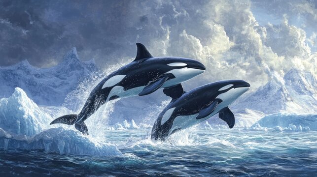 Orcas Leaping in Arctic Waters