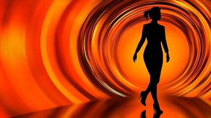 Silhouette of a Woman Walking into a Vortex of Orange Light.
