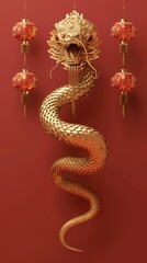 Fototapeta premium Happy chinese new year, year of the snake zodiac sign hanging beautiful lantern and flowers on red background.