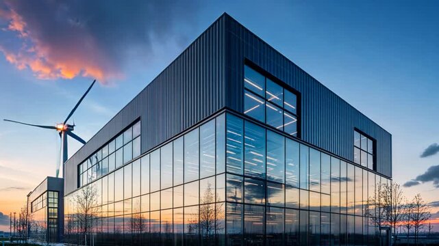 A modern industrial facility with towering glass walls where scientists are working on renewable energy solutions harnessing solar and wind power with innovative technologies