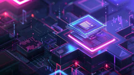 Futuristic technology concept with neon lit circuits and advanced microchips showcasing a vibrant and cutting edge digital landscape