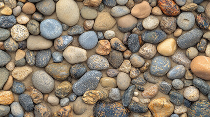 colorful pebbles and sea stones scattered on sand. The image captures the textures, shapes, and natural beauty of the stones, creating a calming and peaceful visual effect