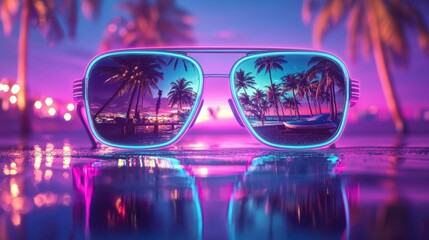 Neon Sunglasses Reflecting Tropical Beach Sunset