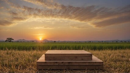 an empty wooden tray podium with a rice field background, mockup of podium for product photos, generative AI