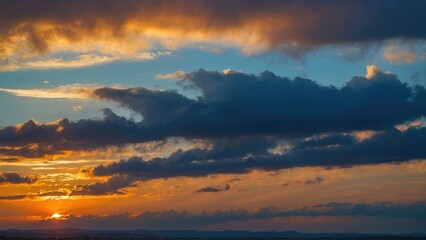 Evening sky with sunset on the horizon, dusk with cloudy sky, Generative AI