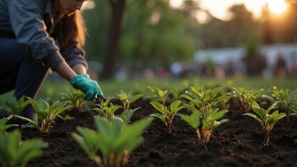 Naklejka premium Gardener Planting Young Green Plants in Soil