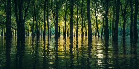 A serene yet somber sight of a flooded forest, signifying nature's power and the impact of climate change