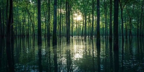 Obraz premium A serene yet somber sight of a flooded forest, signifying nature's power and the impact of climate change