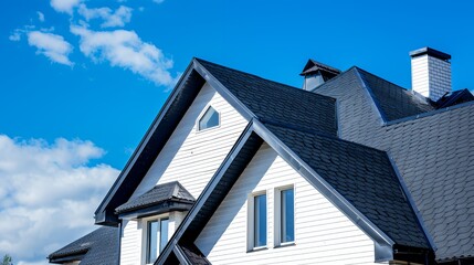 A white house with a black roof, two windows, and two chimneys against a blue sky with white clouds.