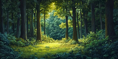 Obraz premium A vibrant forest scene featuring tall trees and lush green undergrowth. The image encapsulates the serenity and richness of a dense, natural woodland environment. 