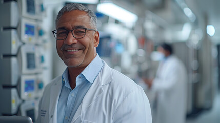 Fototapeta premium An indian Doctor using an Ipad device inside his clinic. Hospital background. He is smiling. Bright environment