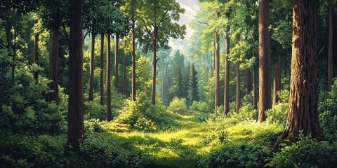 Obraz premium A vibrant forest scene featuring tall trees and lush green undergrowth. The image encapsulates the serenity and richness of a dense, natural woodland environment.