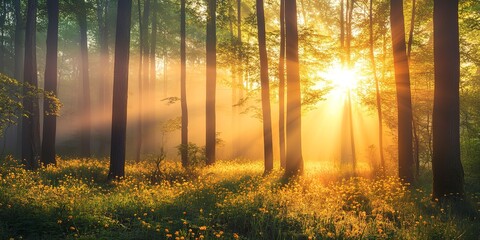 Beautiful nature at morning in the misty spring forest with sun