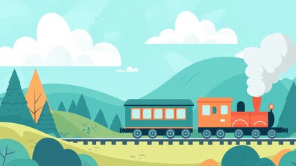 Cartoon Train Traveling Through Mountains Landscape