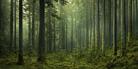 Fototapeta premium Dense forest view capturing trees in various life stages - from saplings to towering mature trees - wide format