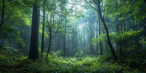 Fototapeta premium Dense forest view capturing trees in various life stages - from saplings to towering mature trees - wide format 