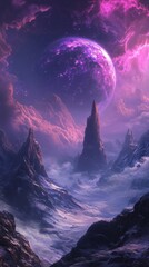 Futuristic alien landscape with purple planet and