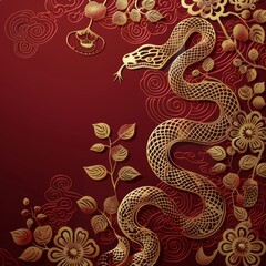 Happy chinese new year, year of the snake zodiac sign hanging beautiful lantern and flowers on red background. Copy space