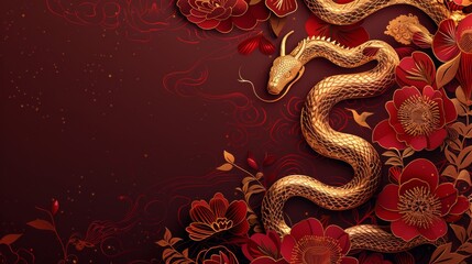 Fototapeta premium Happy chinese new year, year of the snake zodiac sign hanging beautiful lantern and flowers on red background. Copy space