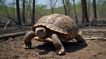 Obraz premium Giant Tortoise Walking Through Forest Clearing After a Fire