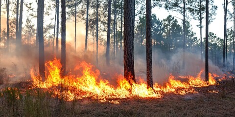 A controlled fire burns in a designated area of the forest as part of a prescribed burn to manage vegetation and promote forest health 