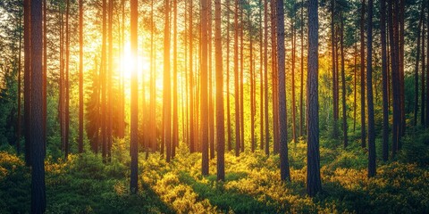 Fototapeta premium tall straight trees in a sunny forest in the summer. Creative banner. Copyspace image 