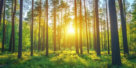 Obraz premium tall straight trees in a sunny forest in the summer. Creative banner. Copyspace image 