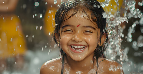 Obraz premium A young girl is standing in a shower with water spraying all over her