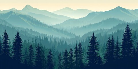 Fototapeta premium Northern woodland scenery, viewed from above, with green pine forest and dark spruce trees on mountain hills. 