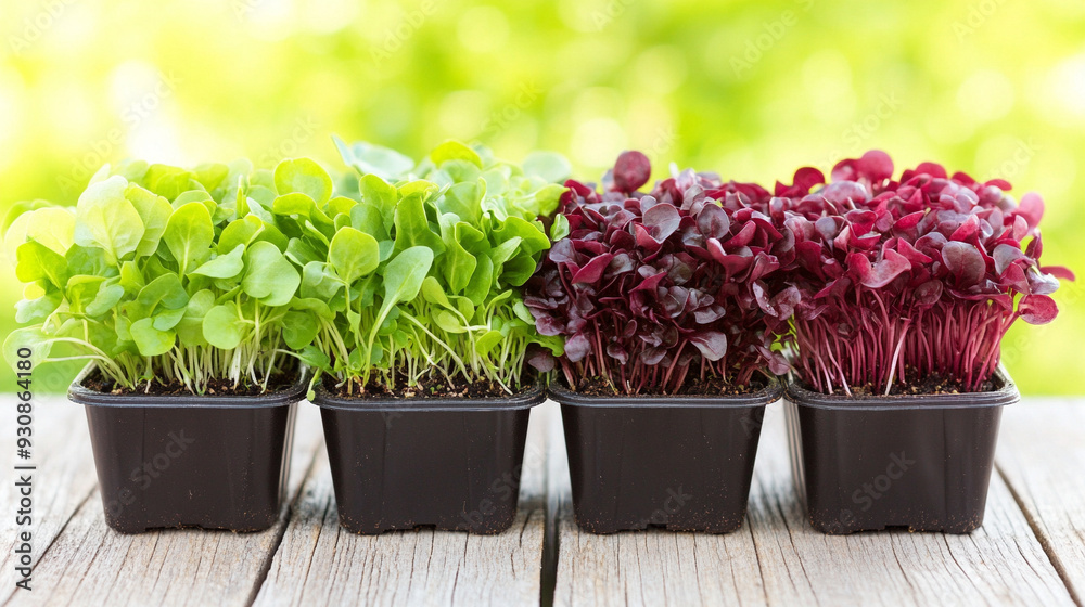 Poster variety of microgreens displayed on wooden trays, showcasing fresh, vibrant, and healthy greens. The image captures the diversity of plant life in a natural setting, emphasizing organic growth and sus