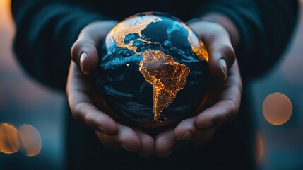 Fototapeta premium Hands Holding Illuminated Globe with South America in Focus