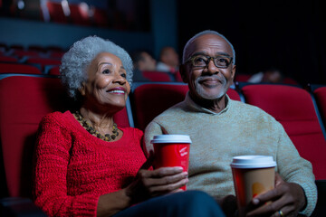Happy black senior couple watching movie and drinking coffee in the cinema