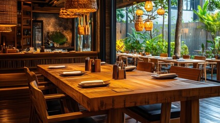 Restaurant Interior with Wooden Table and Chairs