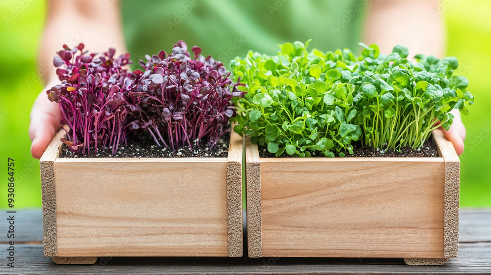 Poster variety of microgreens displayed on wooden trays, showcasing fresh, vibrant, and healthy greens. The image captures the diversity of plant life in a natural setting, emphasizing organic growth and sus